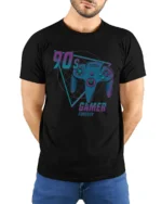 Retro 90s Gamer Forever Vintage Game Controller Graphic T Shirt - model wearing black tee with hands behind back