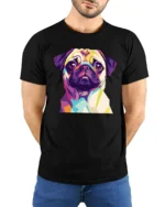 Colorful Pop Art Pug Dog Portrait Graphic T Shirt Stylish Pet Lover Tee - model wearing black tee with hands behind back