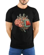 Funny Brain Power Off Switch Retro Science Humor Graphic T Shirt - model wearing black tee with hands behind back