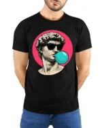 Cool David Statue Bubblegum Pop Art Graphic T Shirt Retro Aesthetic - model wearing black tee with hands behind back