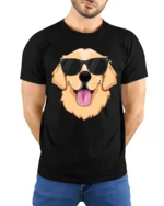 Cool Golden Retriever Dog With Sunglasses Funny Graphic T Shirt - model wearing black tee with hands behind back