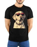 Cool Labrador Dog With Sunglasses Funny Dog Lover Graphic T Shirt - model wearing black tee with hands behind back