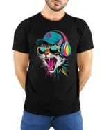 Cool DJ Cat With Headphones And Sunglasses Graphic T Shirt - model wearing black tee with hands behind back