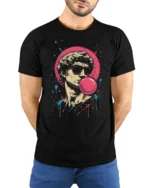 Cool Bubblegum David Statue Pop Art Graphic T Shirt - model wearing black tee with hands behind back