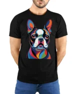 Colorful Pop Art French Bulldog Portrait Graphic T Shirt - model wearing black tee with hands behind back
