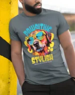 Pawsitive Stylish Cool Dog With Sunglasses Graphic T Shirt - model wearing grey tee, leaning on column