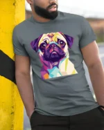 Colorful Pop Art Pug Dog Portrait Graphic T Shirt Stylish Pet Lover Tee - model wearing grey tee, leaning on column