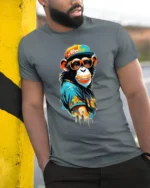 Cool Stylish Monkey With Sunglasses Street Art Graphic T Shirt - model wearing grey tee, leaning on column