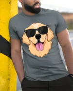 Cool Golden Retriever Dog With Sunglasses Funny Graphic T Shirt - model wearing grey tee, leaning on column