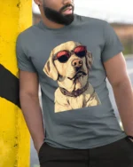 Cool Labrador Dog With Sunglasses Funny Dog Lover Graphic T Shirt - model wearing grey tee, leaning on column