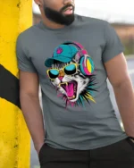 Cool DJ Cat With Headphones And Sunglasses Graphic T Shirt - model wearing grey tee, leaning on column