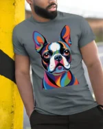 Colorful Pop Art French Bulldog Portrait Graphic T Shirt - model wearing grey tee, leaning on column