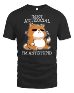Funny Antisocial Cat Antistupid Humor Graphic T Shirt Attitude Tee - black t-shirt on white background