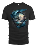 Vintage Nautical Compass Adventure Graphic T Shirt Explorer Style Tee - black t-shirt on white background