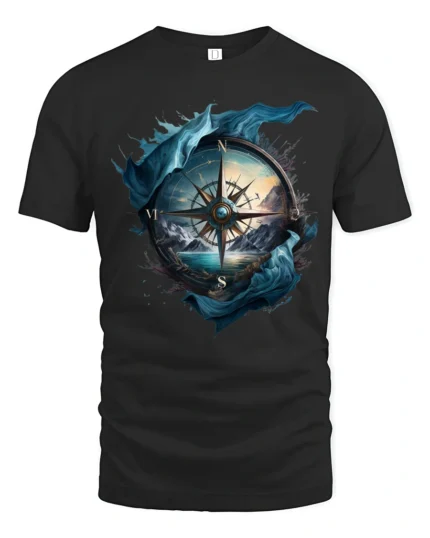 Vintage Nautical Compass Adventure Graphic T Shirt Explorer Style Tee - black t-shirt on white background