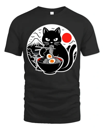 Funny Ramen Eating Black Cat Japanese Style Graphic T Shirt - black t-shirt on white background