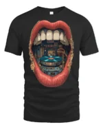 Retro Vinyl Record DJ Lips Graphic T Shirt Vintage Music Lover Tee - black t-shirt on white background