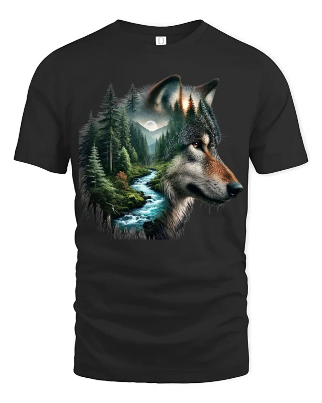 Majestic Wolf Forest River Nature Wildlife Graphic T Shirt - black t-shirt on white background