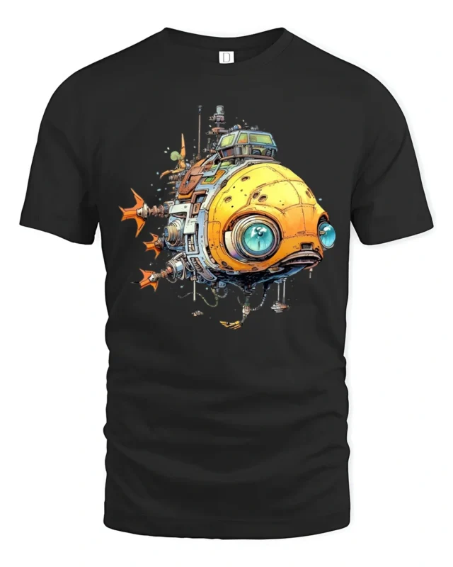 Retro Futuristic Steampunk Submarine Spaceship Graphic T Shirt - black t-shirt on white background