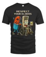 Respect Your Elders Retro Gaming Humor Graphic T Shirt Gamer Tee - black t-shirt on white background