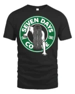 Seven Days Coffee Horror Parody Graphic T Shirt Funny Scary Tee - black t-shirt on white background