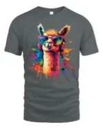 Colorful Cool Llama With Sunglasses And Headphones Graphic T Shirt - gray t-shirt on white background
