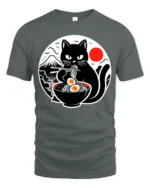 Funny Ramen Eating Black Cat Japanese Style Graphic T Shirt - gray t-shirt on white background