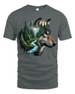 Majestic Wolf Forest River Nature Wildlife Graphic T Shirt - gray t-shirt on white background