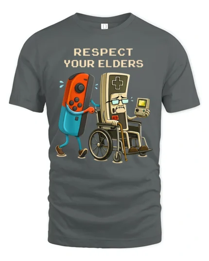 Respect Your Elders Retro Gaming Humor Graphic T Shirt Gamer Tee - gray t-shirt on white background