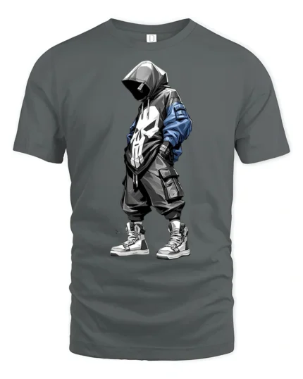 Urban Streetwear Hooded Skull Graphic T Shirt Cool Street Style Tee - gray t-shirt on white background