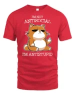 Funny Antisocial Cat Antistupid Humor Graphic T Shirt Attitude Tee - red t-shirt on white background
