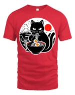 Funny Ramen Eating Black Cat Japanese Style Graphic T Shirt - red t-shirt on white background