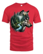 Majestic Wolf Forest River Nature Wildlife Graphic T Shirt - red t-shirt on white background