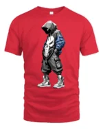 Urban Streetwear Hooded Skull Graphic T Shirt Cool Street Style Tee - red t-shirt on white background