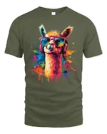 Colorful Cool Llama With Sunglasses And Headphones Graphic T Shirt - military green t-shirt on white background