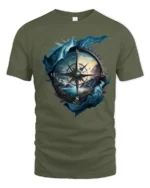Vintage Nautical Compass Adventure Graphic T Shirt Explorer Style Tee - military green t-shirt on white background