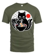Funny Ramen Eating Black Cat Japanese Style Graphic T Shirt - military green t-shirt on white background