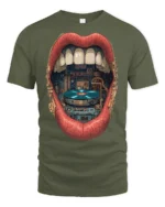 Retro Vinyl Record DJ Lips Graphic T Shirt Vintage Music Lover Tee - military green t-shirt on white background