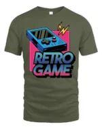 Retro Game Console Graphic T Shirt Vintage Gamer Arcade Style Tee - military green t-shirt on white background