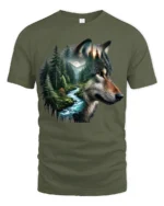 Majestic Wolf Forest River Nature Wildlife Graphic T Shirt - military green t-shirt on white background