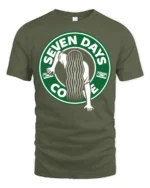 Seven Days Coffee Horror Parody Graphic T Shirt Funny Scary Tee - military green t-shirt on white background