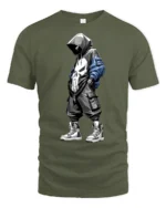 Urban Streetwear Hooded Skull Graphic T Shirt Cool Street Style Tee - military green t-shirt on white background