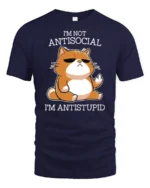 Funny Antisocial Cat Antistupid Humor Graphic T Shirt Attitude Tee - navy t-shirt on white background
