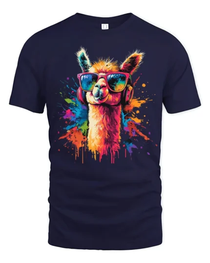 Colorful Cool Llama With Sunglasses And Headphones Graphic T Shirt - navy t-shirt on white background