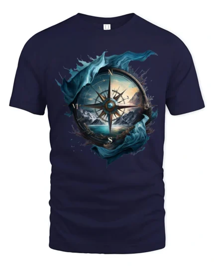 Vintage Nautical Compass Adventure Graphic T Shirt Explorer Style Tee - navy t-shirt on white background