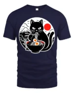 Funny Ramen Eating Black Cat Japanese Style Graphic T Shirt - navy t-shirt on white background