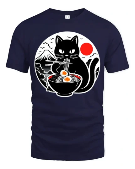 Funny Ramen Eating Black Cat Japanese Style Graphic T Shirt - navy t-shirt on white background