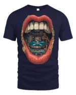Retro Vinyl Record DJ Lips Graphic T Shirt Vintage Music Lover Tee - navy t-shirt on white background