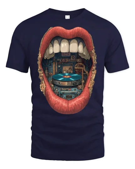 Retro Vinyl Record DJ Lips Graphic T Shirt Vintage Music Lover Tee - navy t-shirt on white background