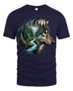 Majestic Wolf Forest River Nature Wildlife Graphic T Shirt - navy t-shirt on white background